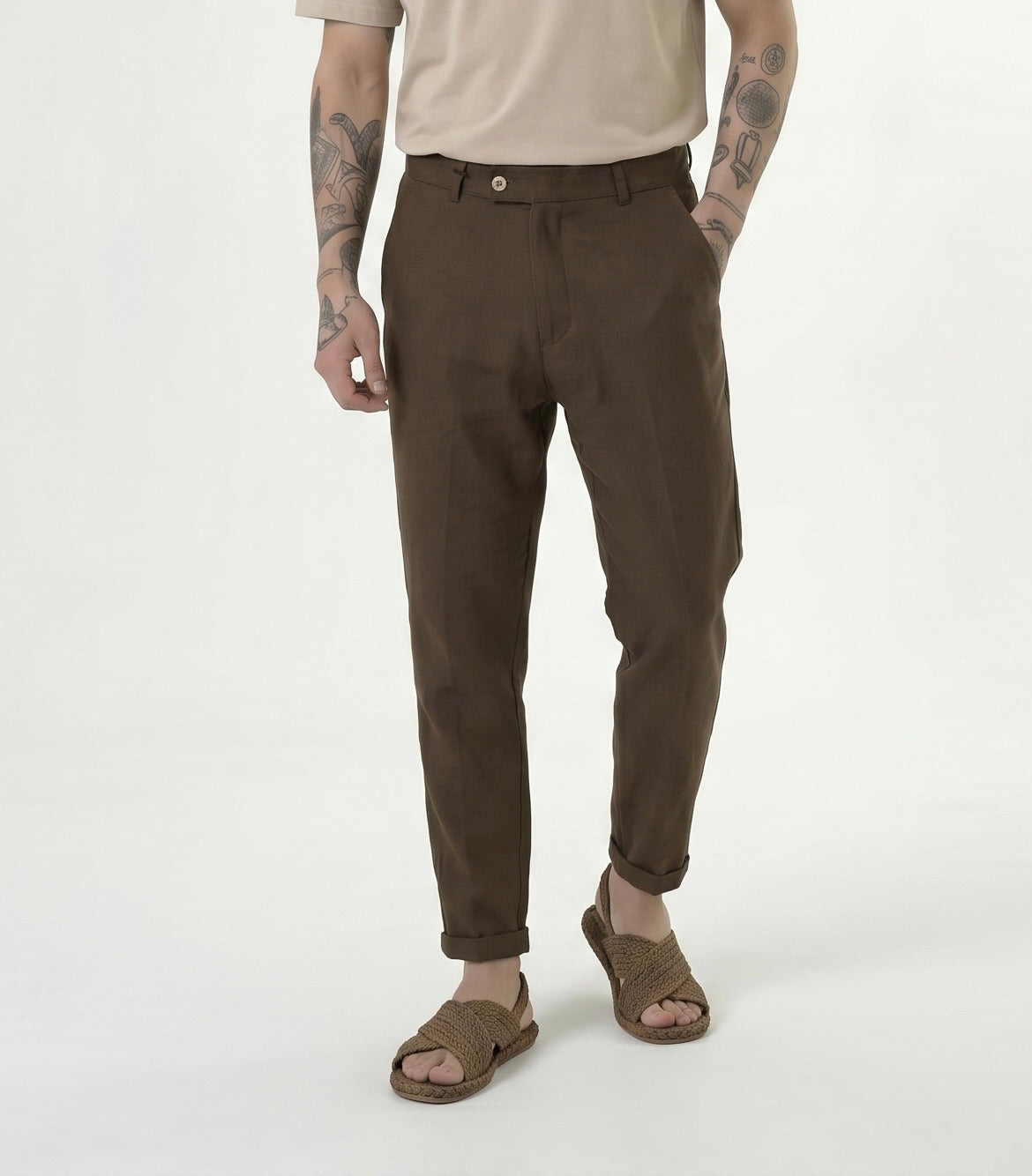 PANTALONE SLIM IN LINO COFFEE