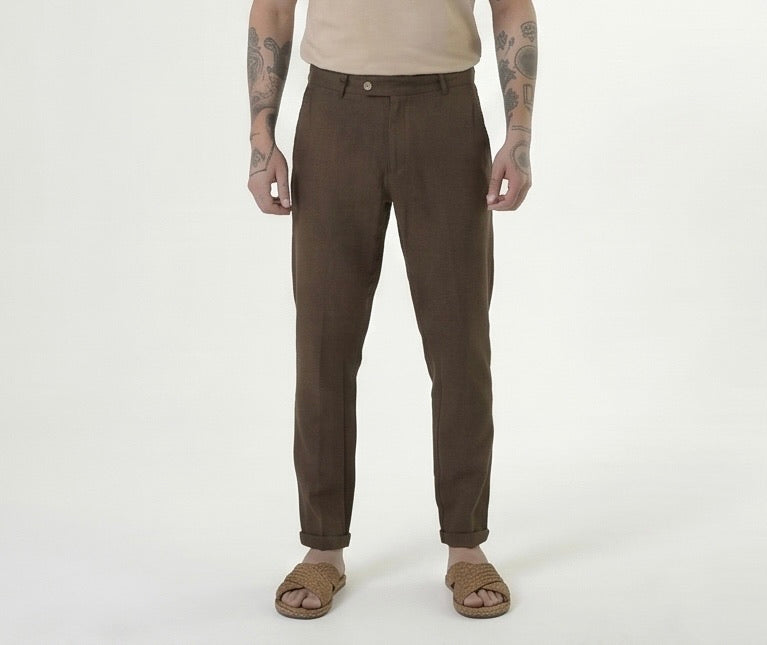 PANTALONE SLIM IN LINO COFFEE