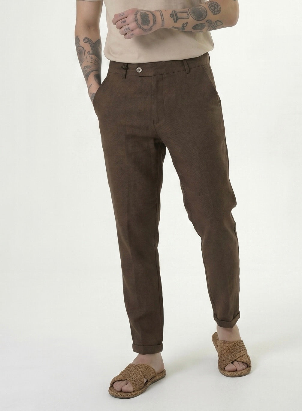 PANTALONE SLIM IN LINO COFFEE